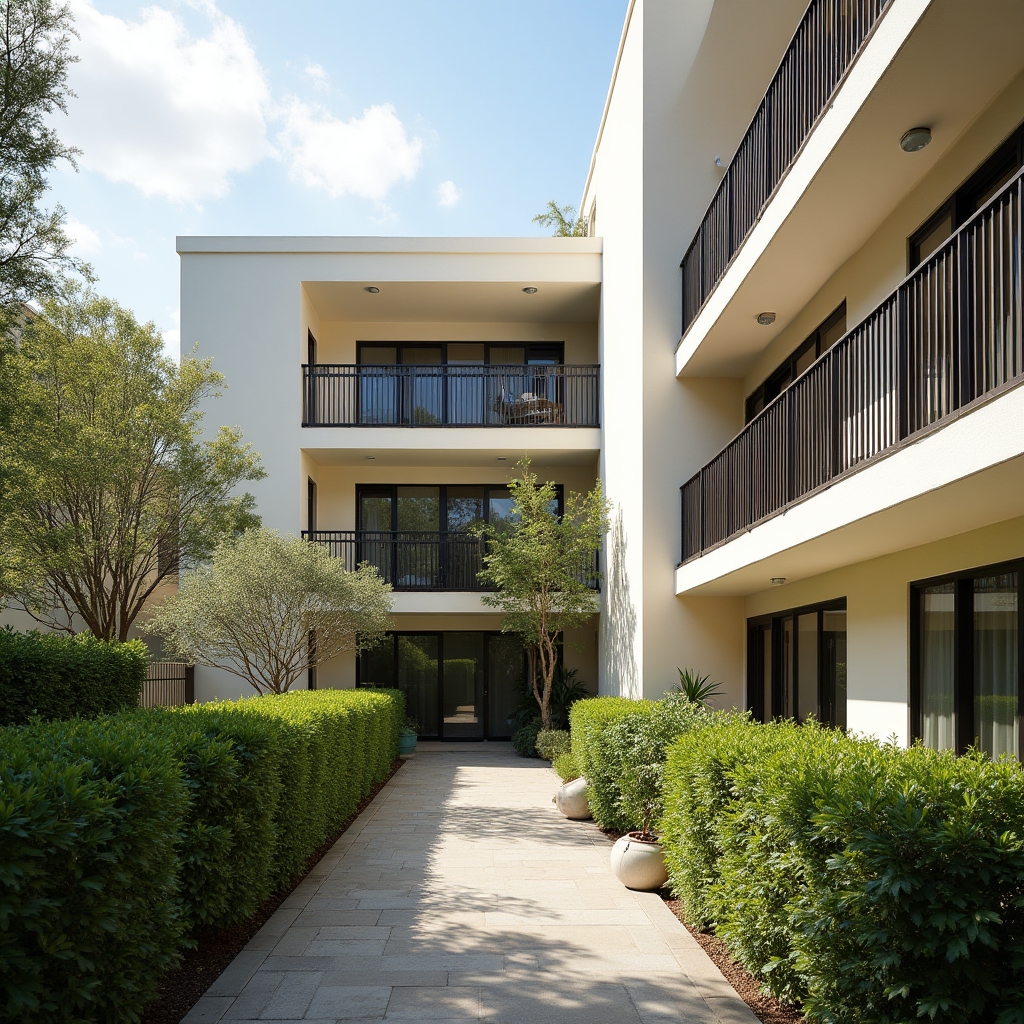 Modern mid-rise apartment building exterior with landscaped courtyard