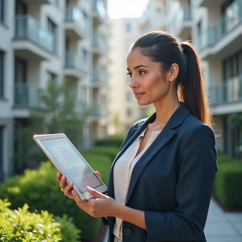 Building manager reviewing maintenance requests on a tablet in an apartment courtyard