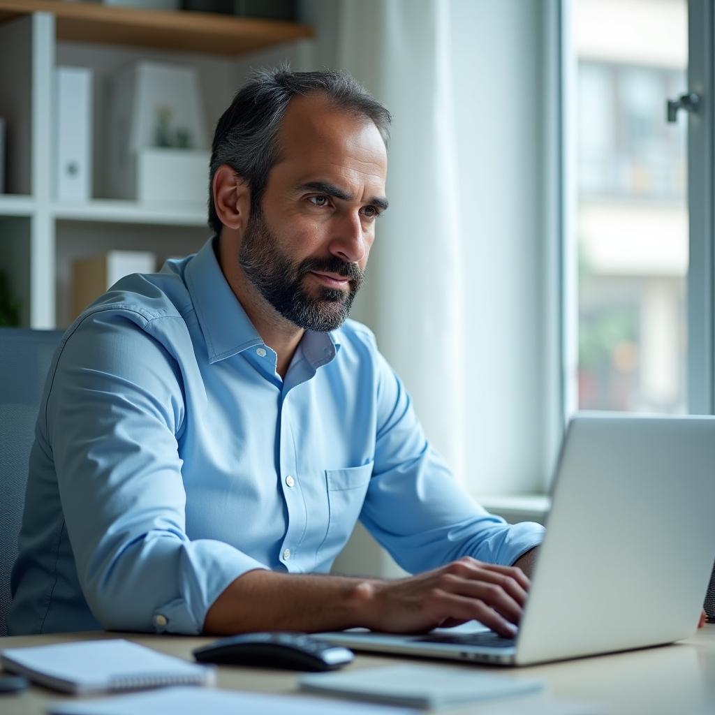 Building manager working at a desk with a laptop showing a maintenance dashboard