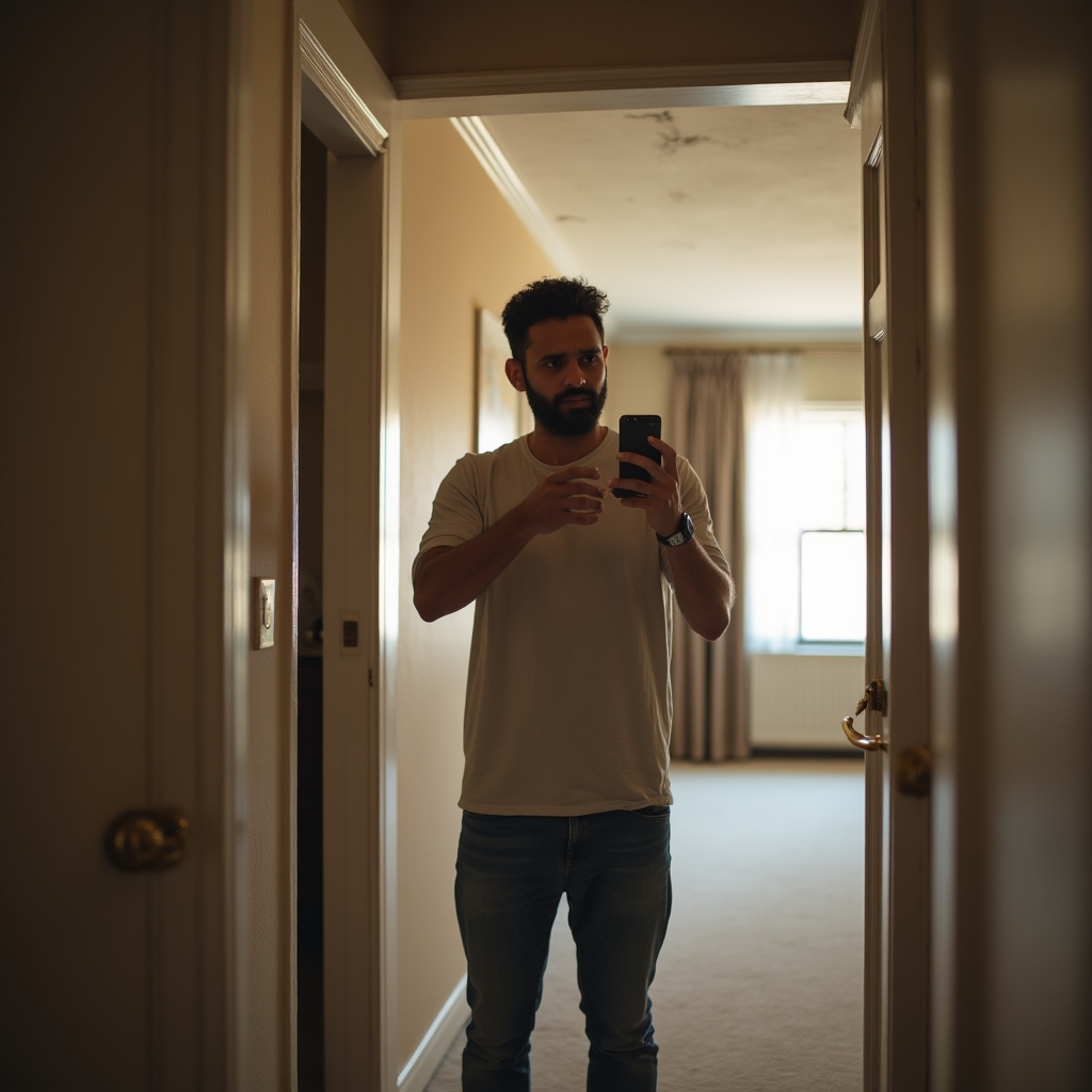 Resident photographing a maintenance issue on a mobile phone in an apartment hallway